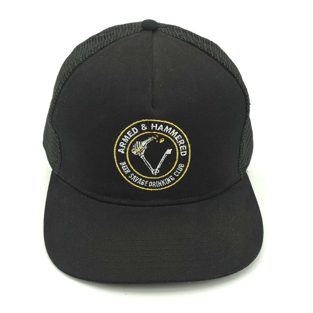 Beer Savage Hat Cap Mens Snap Back Black Armed Hammered Drinking Club Gorpcore